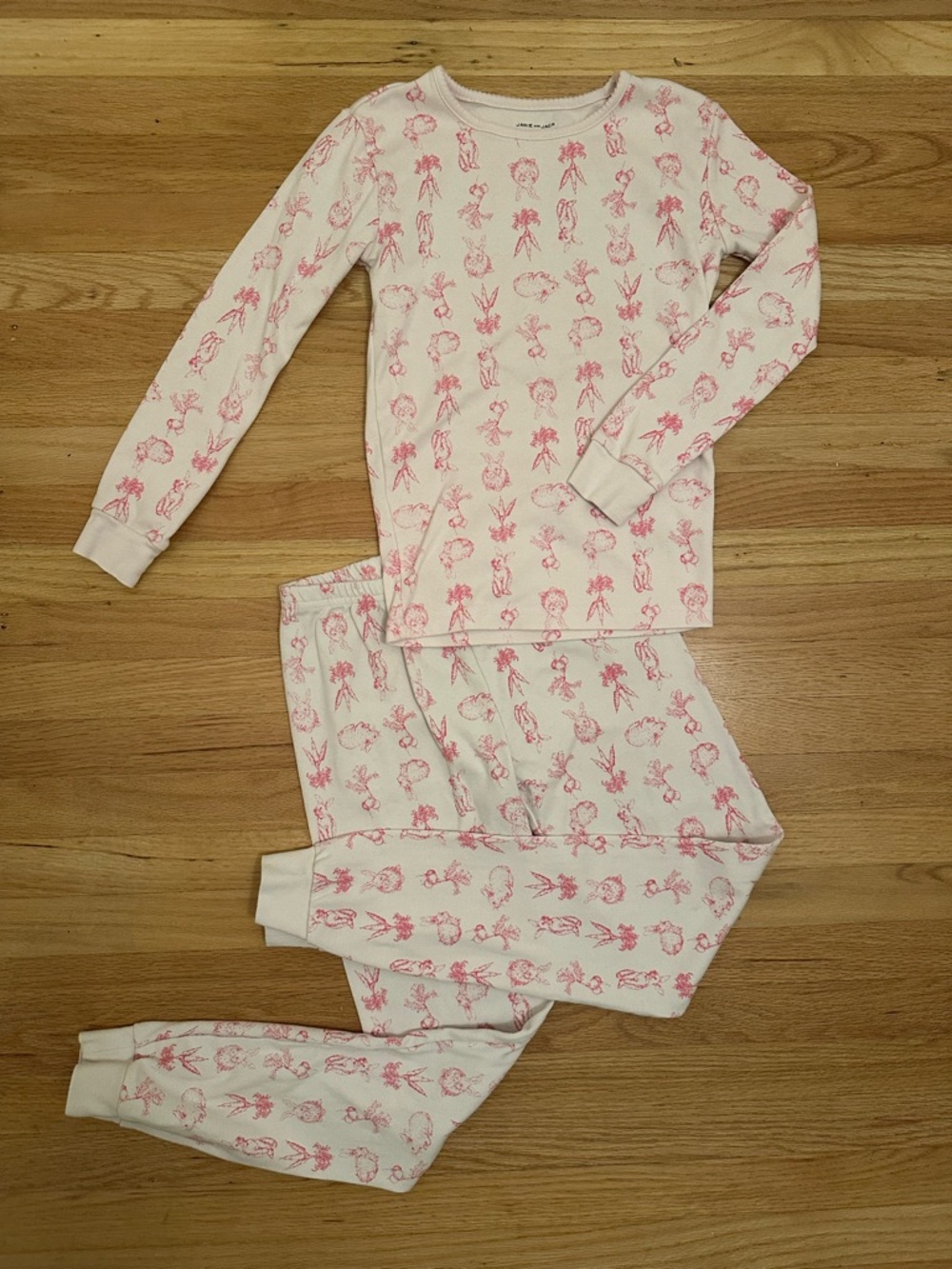 Janie and Jack Pink Bunny Springy Cotton Toile Soft Long Pajama Set - Size 12